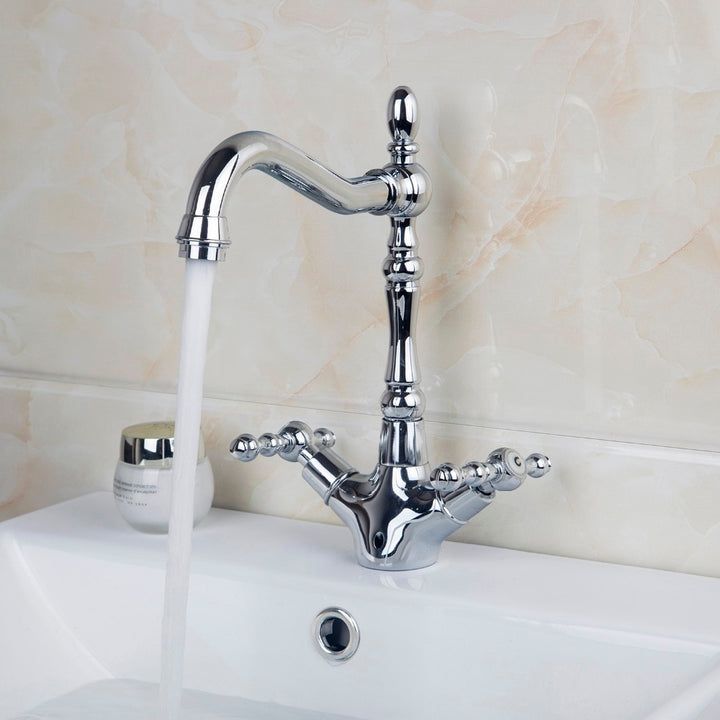 KEMAIDI Bathroom Faucet Polished Chrome 2 Handles Swivel Hot And Cold Mixer Tap Brass Basin Faucet Bathroom Sink Mixer