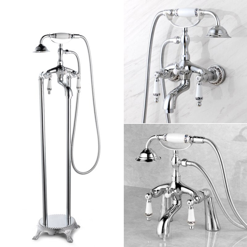 ELLEN Floor Stand Bathtub Faucets with Hand Shower Floor Standing Bath Tub Faucet Hot Cold Water Mixer Tap ELS9120