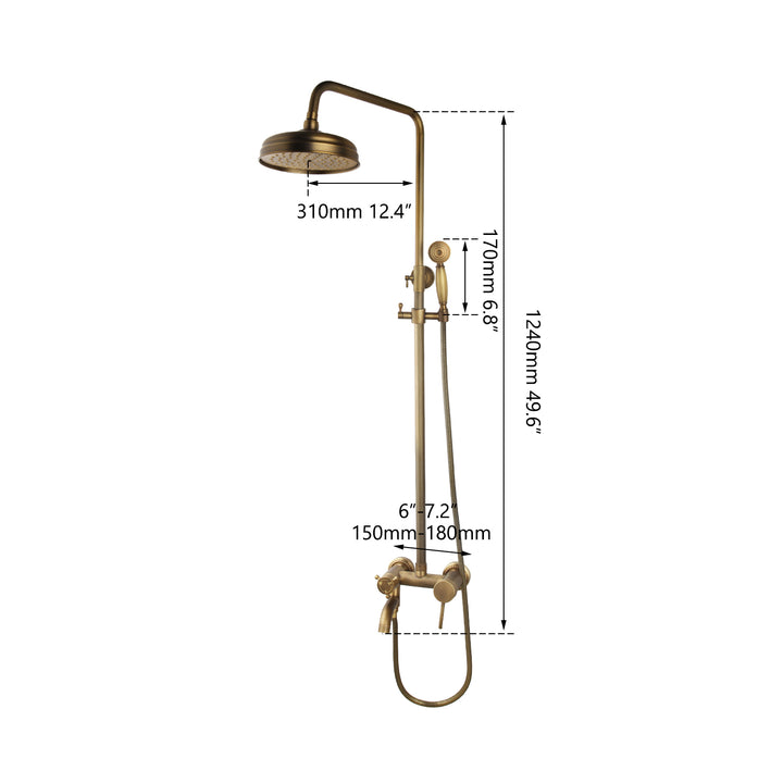 KEMAIDI Antique Brass Rainfall Bathroom Shower Set Shower Hand And Round Shower Hand Mixer Taps Double Handles