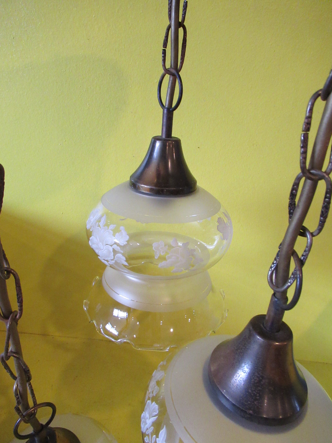 Ceiling Mounted Brass with Curvy Delicate Shades with Handpainted Roses & Frosted Glass Pendant Light.