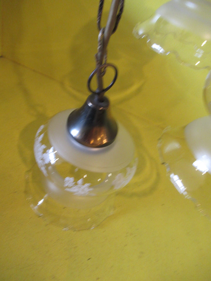 Ceiling Mounted Brass with Curvy Delicate Shades with Handpainted Roses & Frosted Glass Pendant Light.