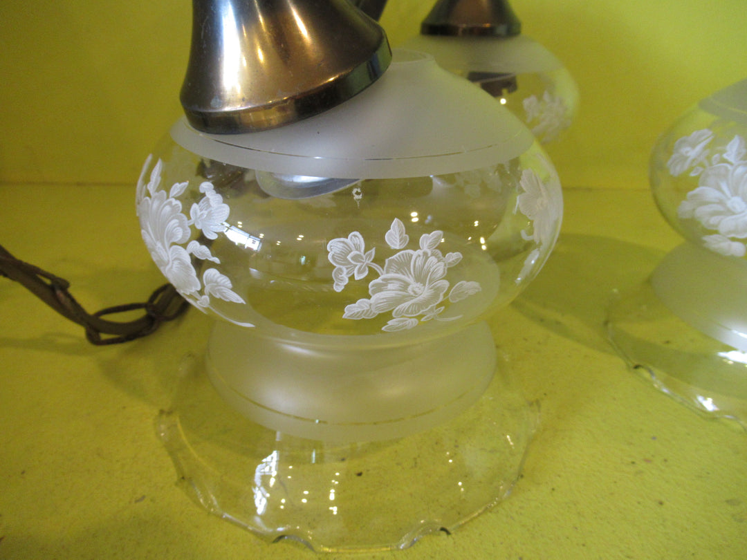 Ceiling Mounted Brass with Curvy Delicate Shades with Handpainted Roses & Frosted Glass Pendant Light.