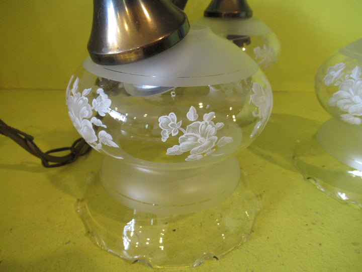 Ceiling Mounted Brass with Curvy Delicate Shades with Handpainted Roses & Frosted Glass Pendant Light.