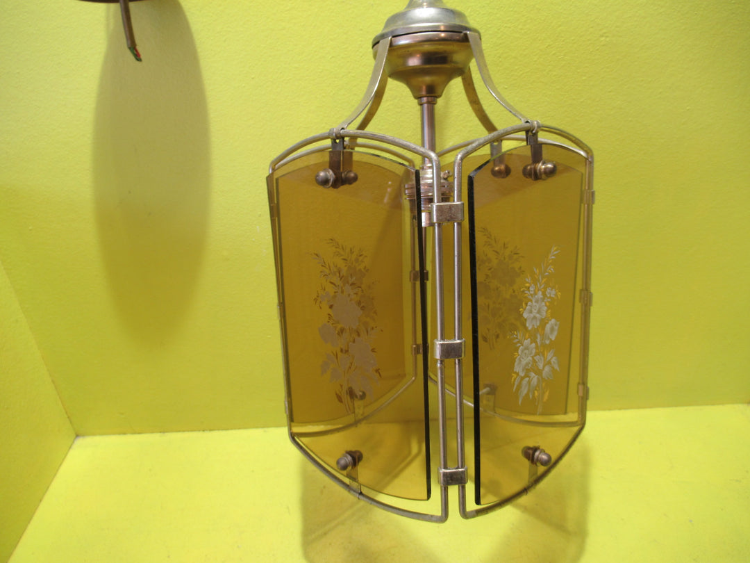 Retro Brass Effect Ceiling Light with 4 Amber Glass Panes   890H x 175W