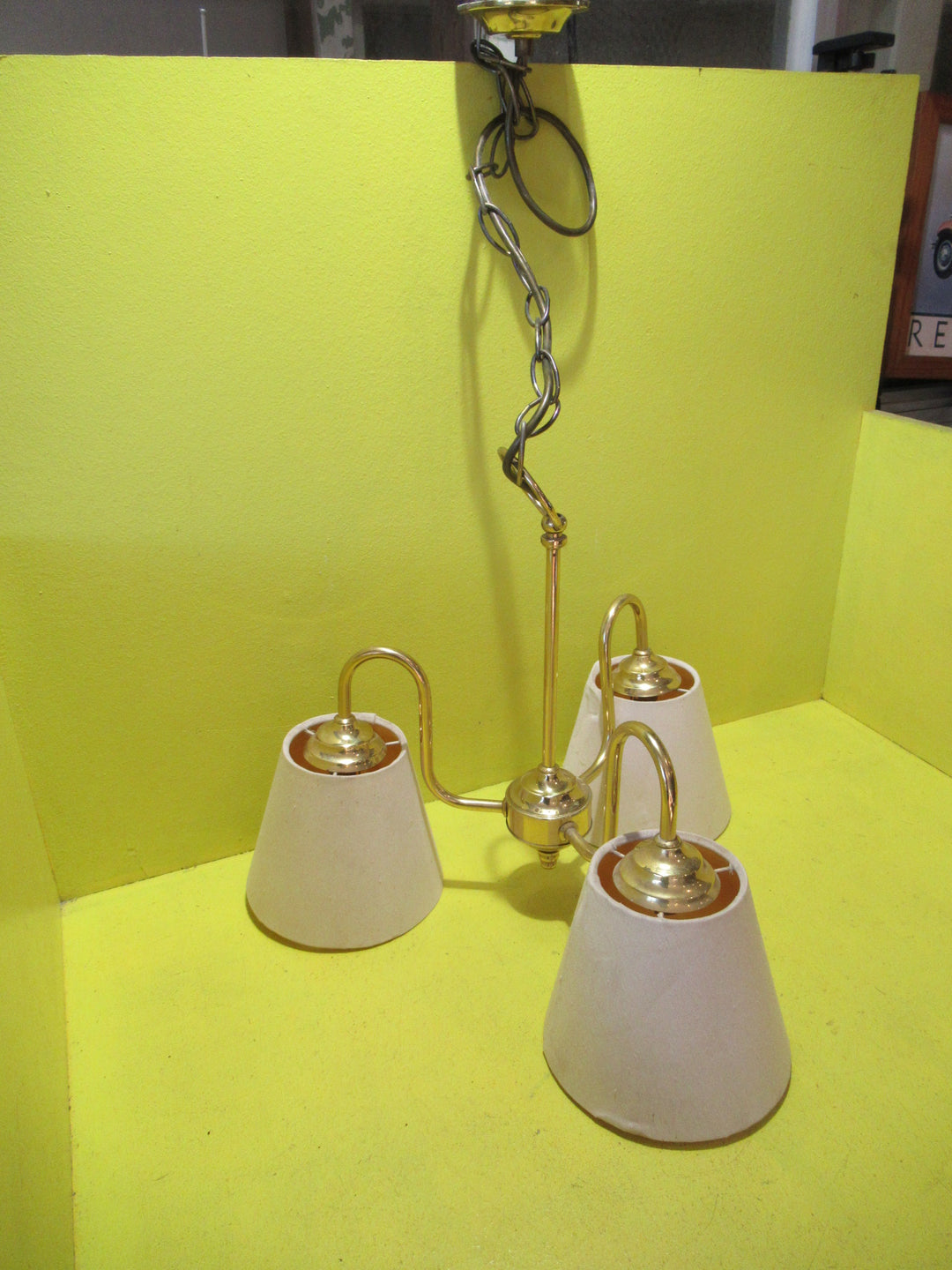 Brass Effect Ceiling Light with Fabric Shades    930H x 260Dia   Rose 90 Dia