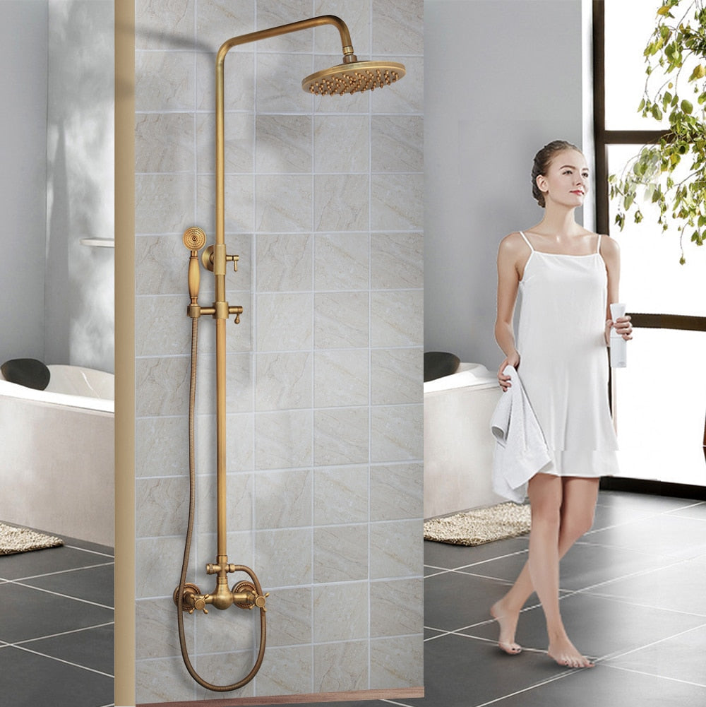 KEMAIDI Antique Brass Shower Faucets Set Rainfall Shower Head with Shelf Mixer  Swivel Spout