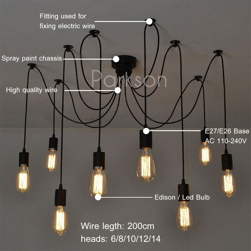 E27 Retro Edison Bulb Pendant Lights Vintage Loft Antique Hanging Pendant Lamp Spider