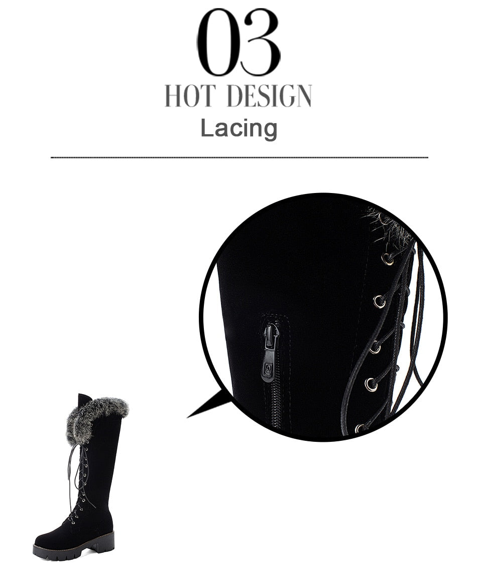 Gdgydh Lace-up Winter Shoes Women Snow Boots Real Fur  Knee High Suede Thick Heel With Zip Big Size 43