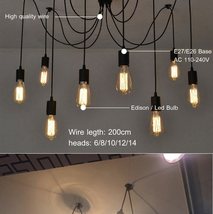 E27 Retro Edison Bulb Pendant Lights Vintage Loft Antique Hanging Pendant Lamp Spider