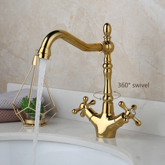 KEMAIDI Golden Swivel Antique Brass Stream Rotated Kitchen Bathroom Mixer Dual Handles Deck Mount Hot Cold Water Taps