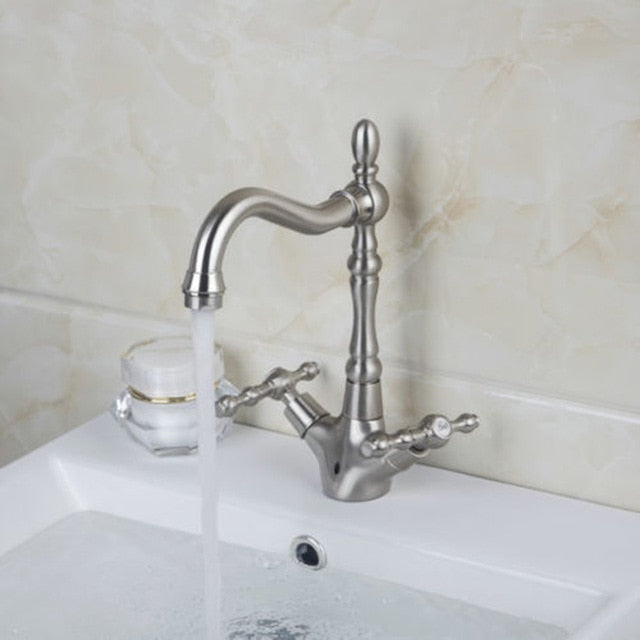 KEMAIDI Golden Swivel Antique Brass Stream Rotated Kitchen Bathroom Mixer Dual Handles Deck Mount Hot Cold Water Taps