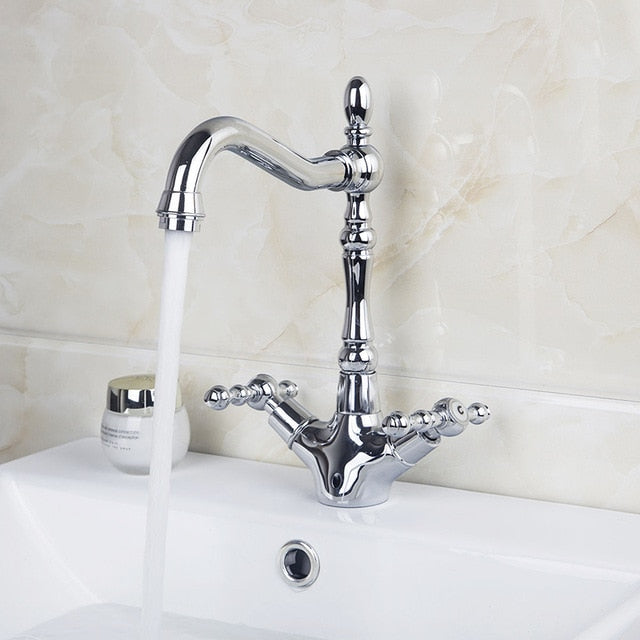 KEMAIDI Golden Swivel Antique Brass Stream Rotated Kitchen Bathroom Mixer Dual Handles Deck Mount Hot Cold Water Taps