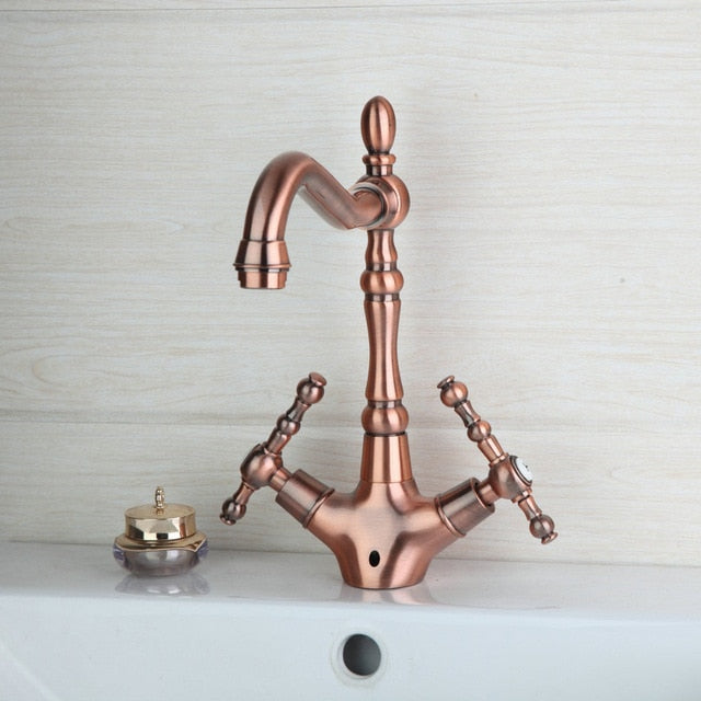 KEMAIDI Golden Swivel Antique Brass Stream Rotated Kitchen Bathroom Mixer Dual Handles Deck Mount Hot Cold Water Taps