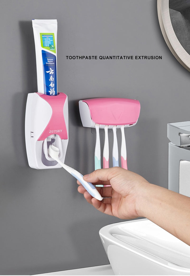 Automatic Toothpaste Dispenser Wall Mount Dust-proof Toothbrush Holder Storage Rack Set