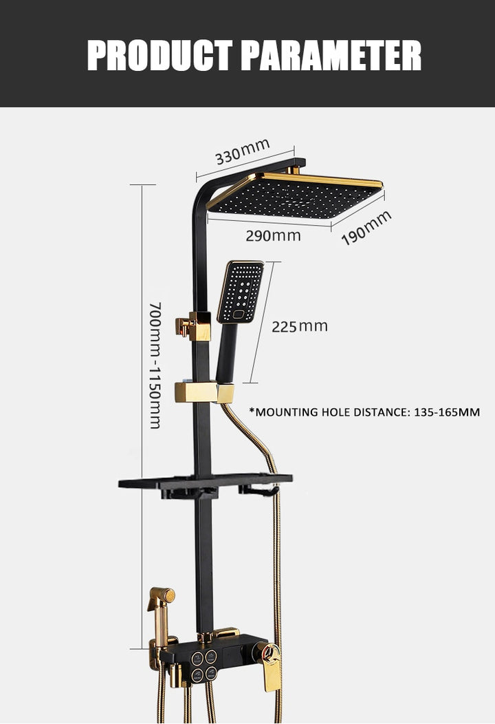 LED Digital Square Head SPA Rainfall Shower Set Wall Mount Smart Thermostatic Bath Faucet