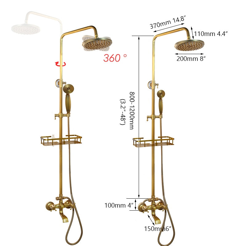 KEMAIDI Antique Brass Shower Faucets Set Rainfall Shower Head with Shelf Mixer  Swivel Spout