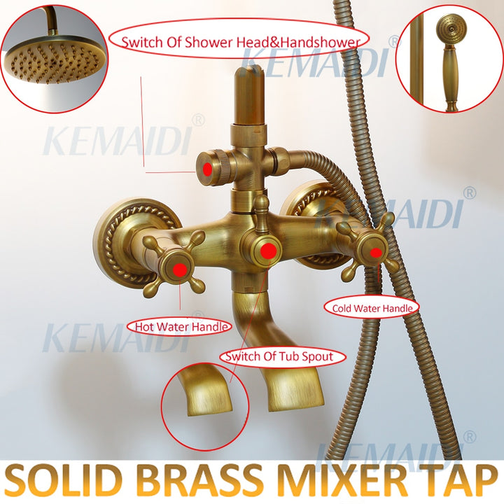 KEMAIDI Antique Brass Shower Faucets Set Rainfall Shower Head with Shelf Mixer  Swivel Spout