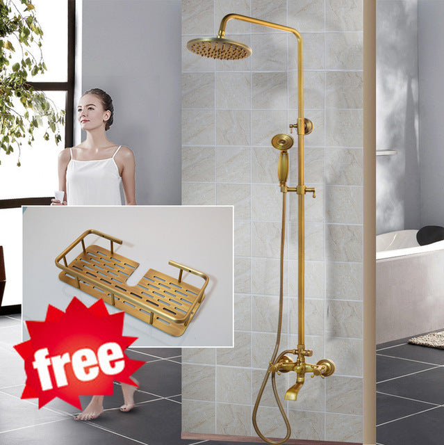 KEMAIDI Antique Brass Shower Faucets Set Rainfall Shower Head with Shelf Mixer  Swivel Spout