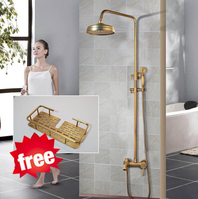 KEMAIDI Antique Brass Shower Faucets Set Rainfall Shower Head with Shelf Mixer  Swivel Spout