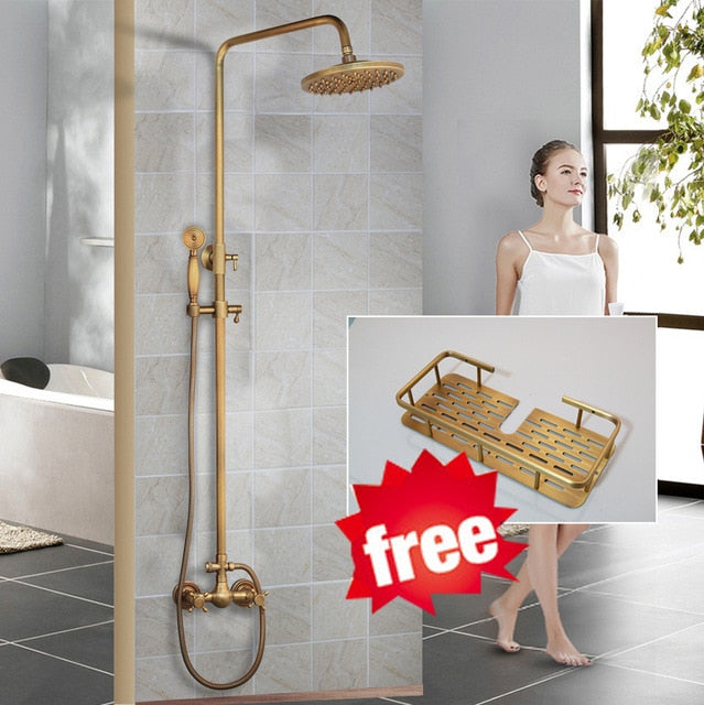 KEMAIDI Antique Brass Shower Faucets Set Rainfall Shower Head with Shelf Mixer  Swivel Spout
