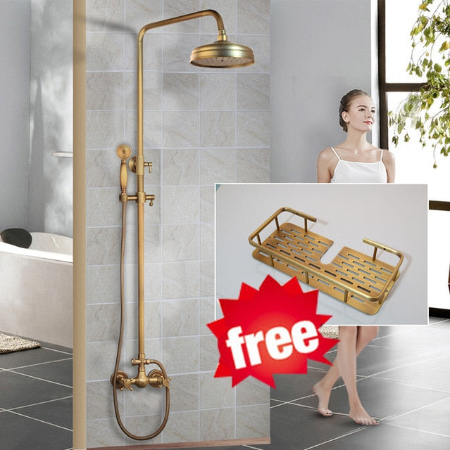 KEMAIDI Antique Brass Shower Faucets Set Rainfall Shower Head with Shelf Mixer  Swivel Spout