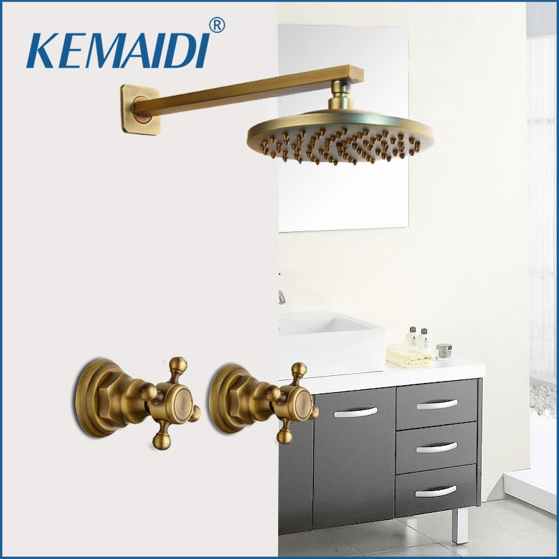 KEMAIDI  8 inch Antique Brass Round Wall Mounted Bathroom Rainfall Head 2 Handles Shower Shower Sets