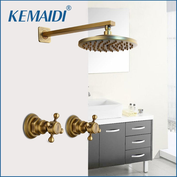 KEMAIDI  8 inch Antique Brass Round Wall Mounted Bathroom Rainfall Head 2 Handles Shower Shower Sets