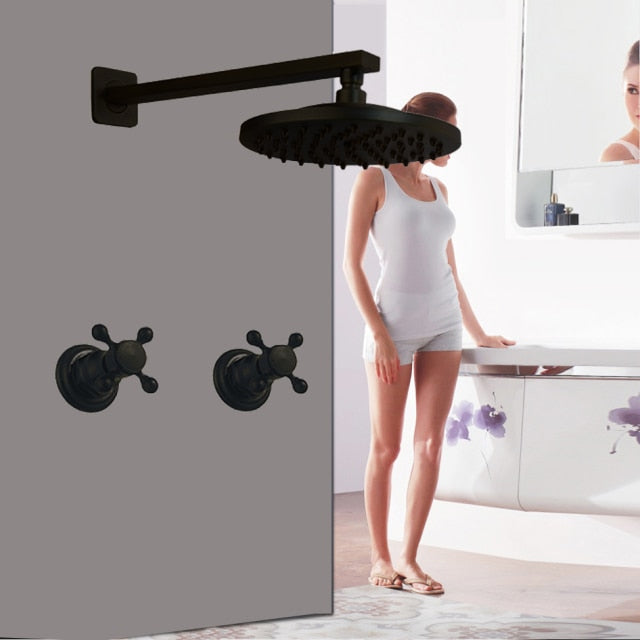 KEMAIDI  8 inch Antique Brass Round Wall Mounted Bathroom Rainfall Head 2 Handles Shower Shower Sets