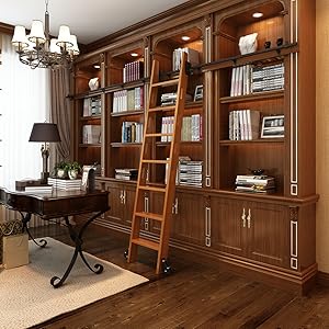 12FT(366cm) Sliding Library  Hardware Kit No Ladder，Black Rustic Round Tube Rolling Ladder Track,Floor Roller with Brake,Indoor