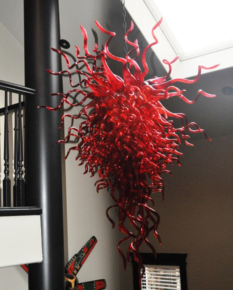 Red Diamond Glass Chandeliers Long Chain Hand Blown Glass Vintage Hanging Pendant