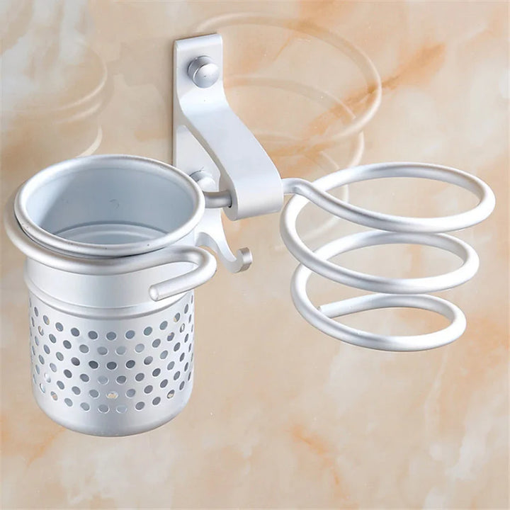 Golden hair dryer rack with cup hair   Households Rack Hair Blow Dryer Holder Aluminum Shelf Bathroom Accessories