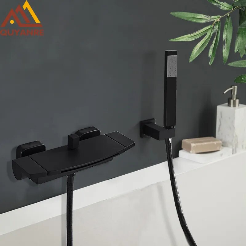 Quyanre Black Waterfall Bathtub Shower Faucets Wall Mount Shower Mixer Tap Faucets Hot Cold Bath Shower Tap BaRobinet Baignoire