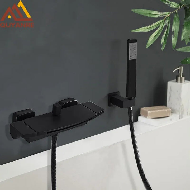 Quyanre Black Waterfall Bathtub Shower Faucets Wall Mount Shower Mixer Tap Faucets Hot Cold Bath Shower Tap BaRobinet Baignoire
