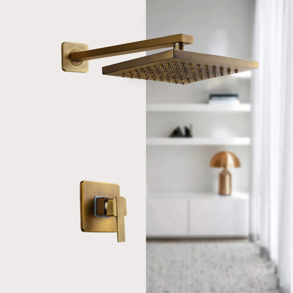 YANKSMART Bathroom Rainfall Shower Faucets 8 Inch Antique Brass Round Wall Mounted Faucet Sets Dual Handles Mixer Tap