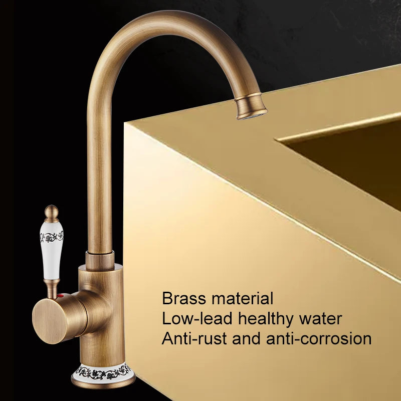 Antique Bronze Kitchen Faucet Ellen Deck Mounted Single Hole Hot Cold Water Mixer Crane for Sink with 360 Rotation