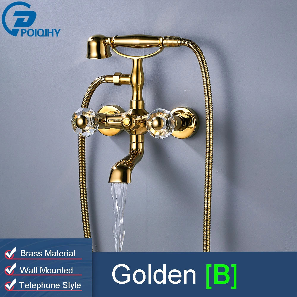 POIQIHY Golden Black Bathtub Shower Faucets Bathroom Wall Bath Shower Set Brass Mixer Tap Swivel Tub Spout Bath Shower Mixers