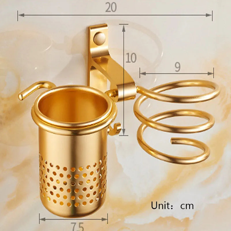 Golden hair dryer rack with cup hair   Households Rack Hair Blow Dryer Holder Aluminum Shelf Bathroom Accessories