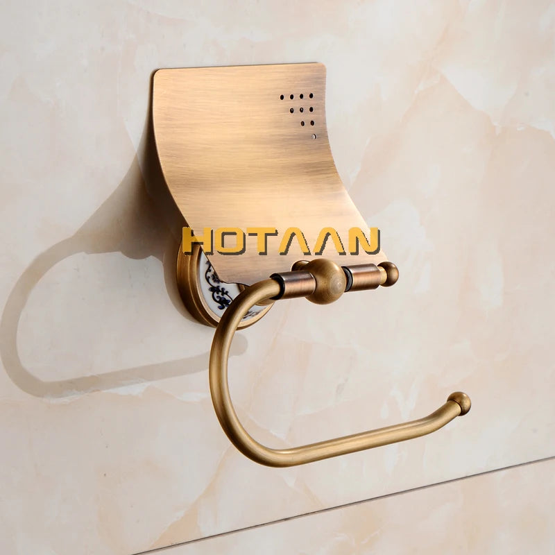 Antique Brushed Solid Brass Bathroom Accessories Sets European Porcelain Bathroom Hardware Sets Ceramic Retro Bathroom Products