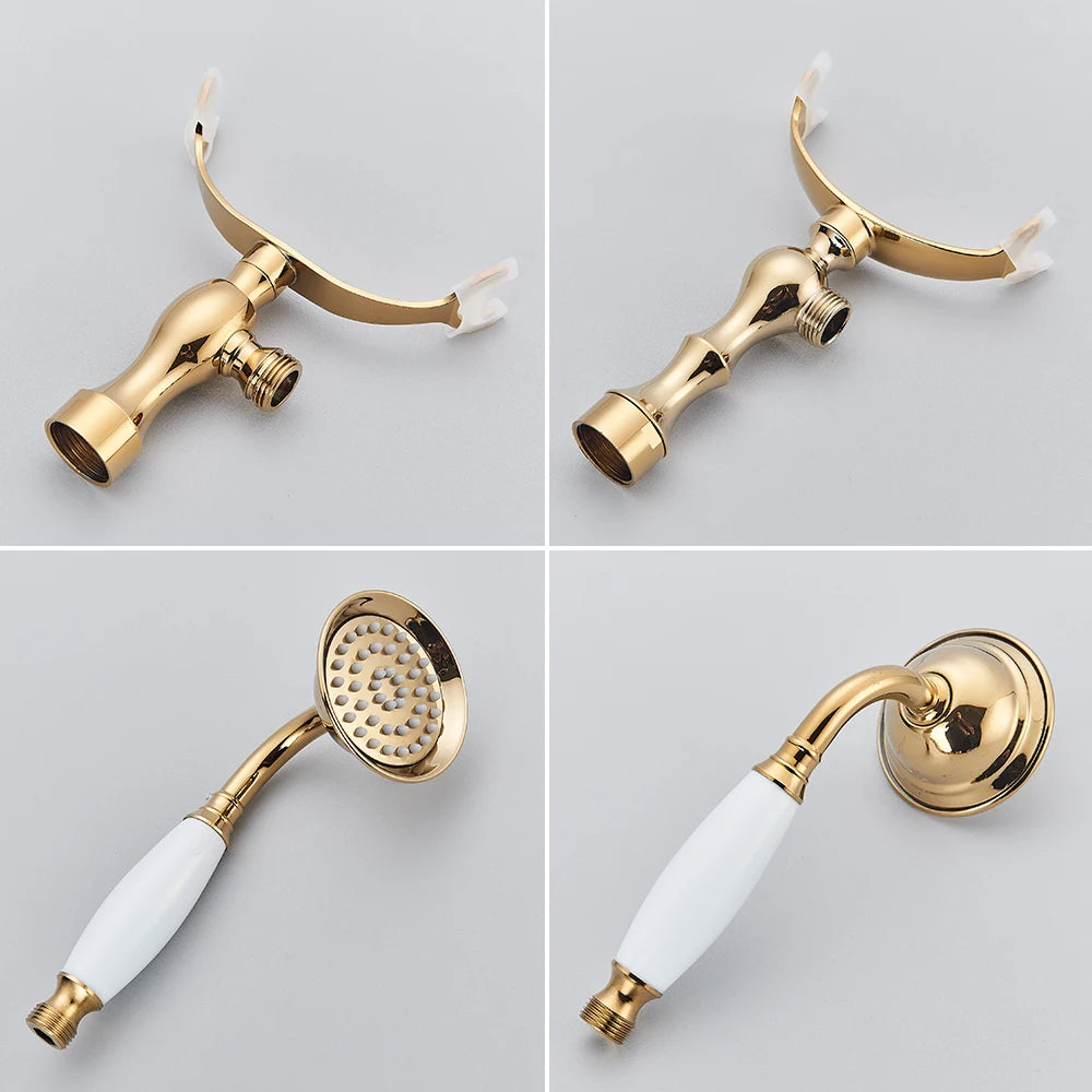 POIQIHY Golden Black Bathtub Shower Faucets Bathroom Wall Bath Shower Set Brass Mixer Tap Swivel Tub Spout Bath Shower Mixers