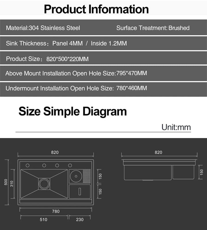 ASRAS Hidden kitchen Sink Single Flip Cover Hidden Large Size 304 Stainless Steel 4mm Thickness Handmade Brushed kitchen Sink