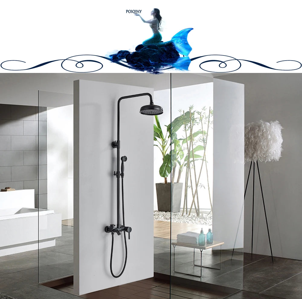 POIQIHY ORB Black Bathroom Shower Faucet In Wall 8" Rainfall Brass Shower Set Mixer Tap Tub Spout Bath Shower Set Dual Handles