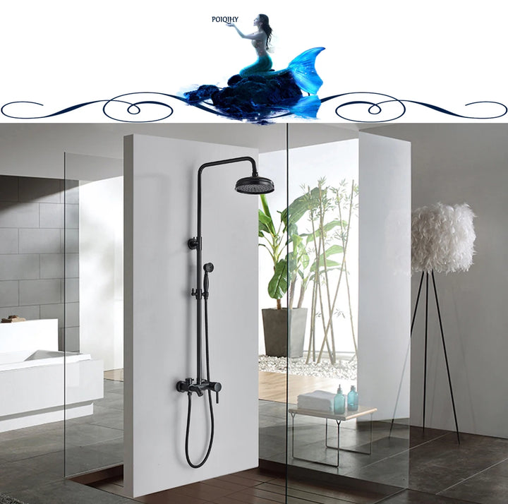 POIQIHY ORB Black Bathroom Shower Faucet In Wall 8" Rainfall Brass Shower Set Mixer Tap Tub Spout Bath Shower Set Dual Handles