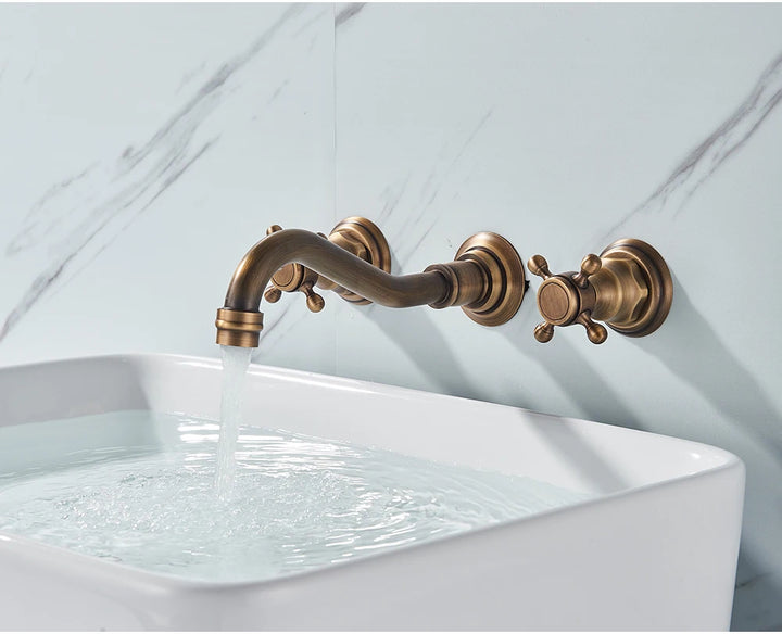 Antique Brass Bathroom Mixer Taps Widespread Basin Faucet Dual Handles Hot and Cold Tap Deck Mounted Brass Basin Sink Faucet