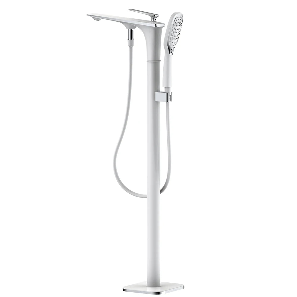 White and Gold Floor Mounted Bathtub Faucet Freestanding Tub Mixer Crane with Handshower Floor Mounted Claw Foot.