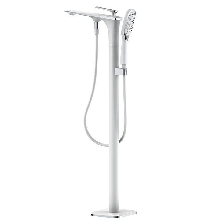 White and Gold Floor Mounted Bathtub Faucet Freestanding Tub Mixer Crane with Handshower Floor Mounted Claw Foot.