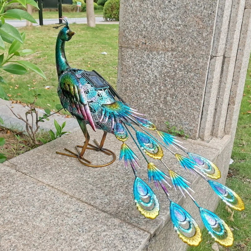 Solar Lights Peacock Statues Garden Decoration Outdoor Lamp Hollow Figurine Path Lawn Metal Sculpture