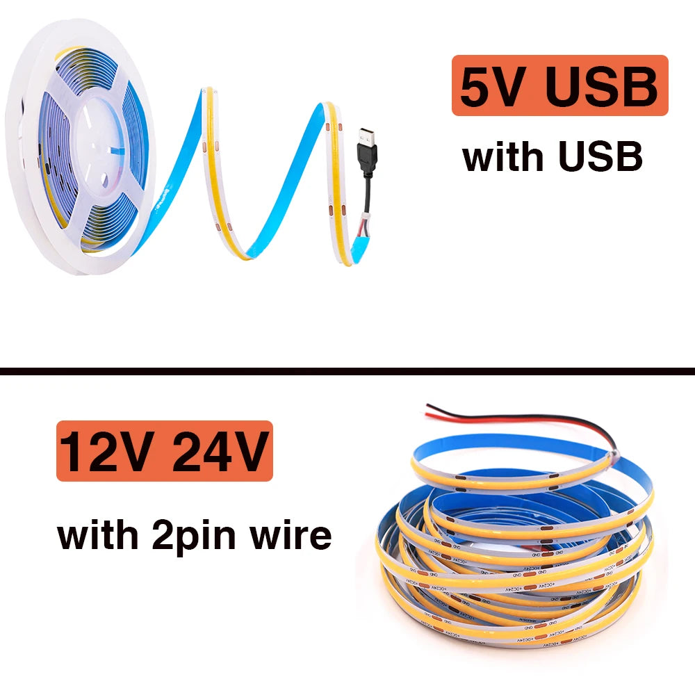 5V 12V 24V COB LED Strip 320LEDs/m High Density RA90 Flexible FOB LED Tape Light Bar Linear Ribbon 0.5-5m USB LED Light
