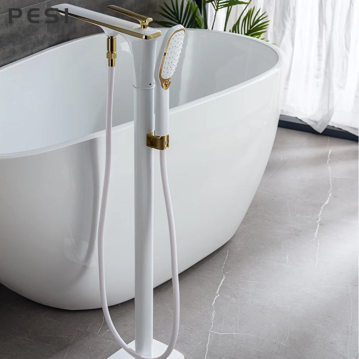 White and Gold Floor Mounted Bathtub Faucet Freestanding Tub Mixer Crane with Handshower Floor Mounted Claw Foot.