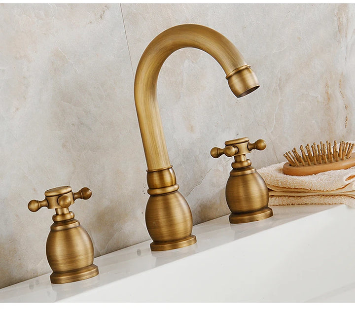 ELLEN Antique Bronze Bath Sink Faucet Double Handle Basin Sink Faucet Hot and Cold Water Mixer 3 Hole Bathroom Faucet ELF8001-3