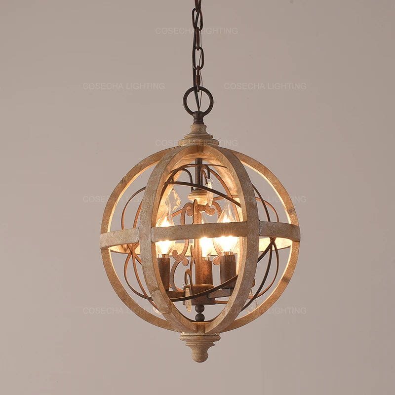 Globe Wood Chandelier Bedroom Living Room Hanging Lights Antique Round Sphere Wooden Chandelier